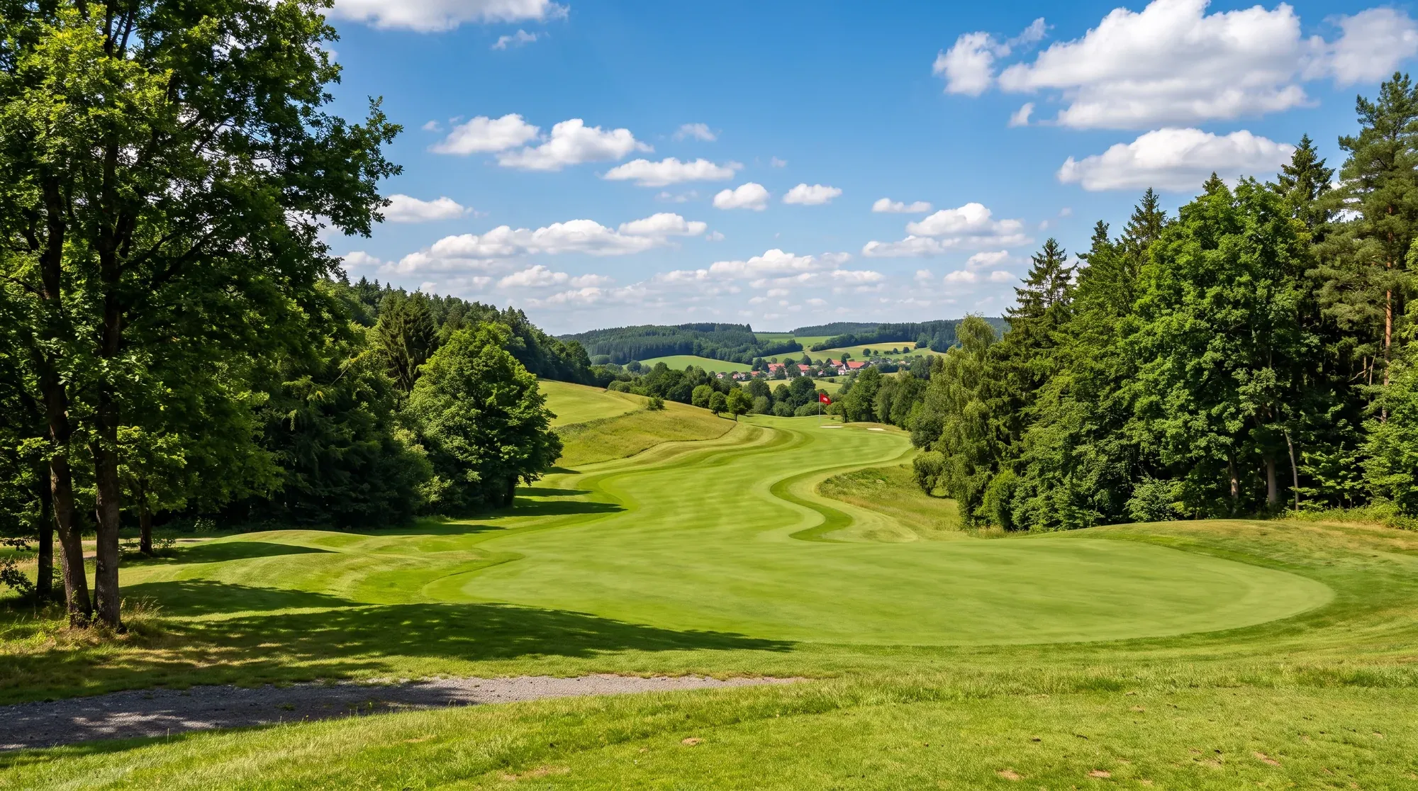 Fairway in der Sonne zwischen Hügeln